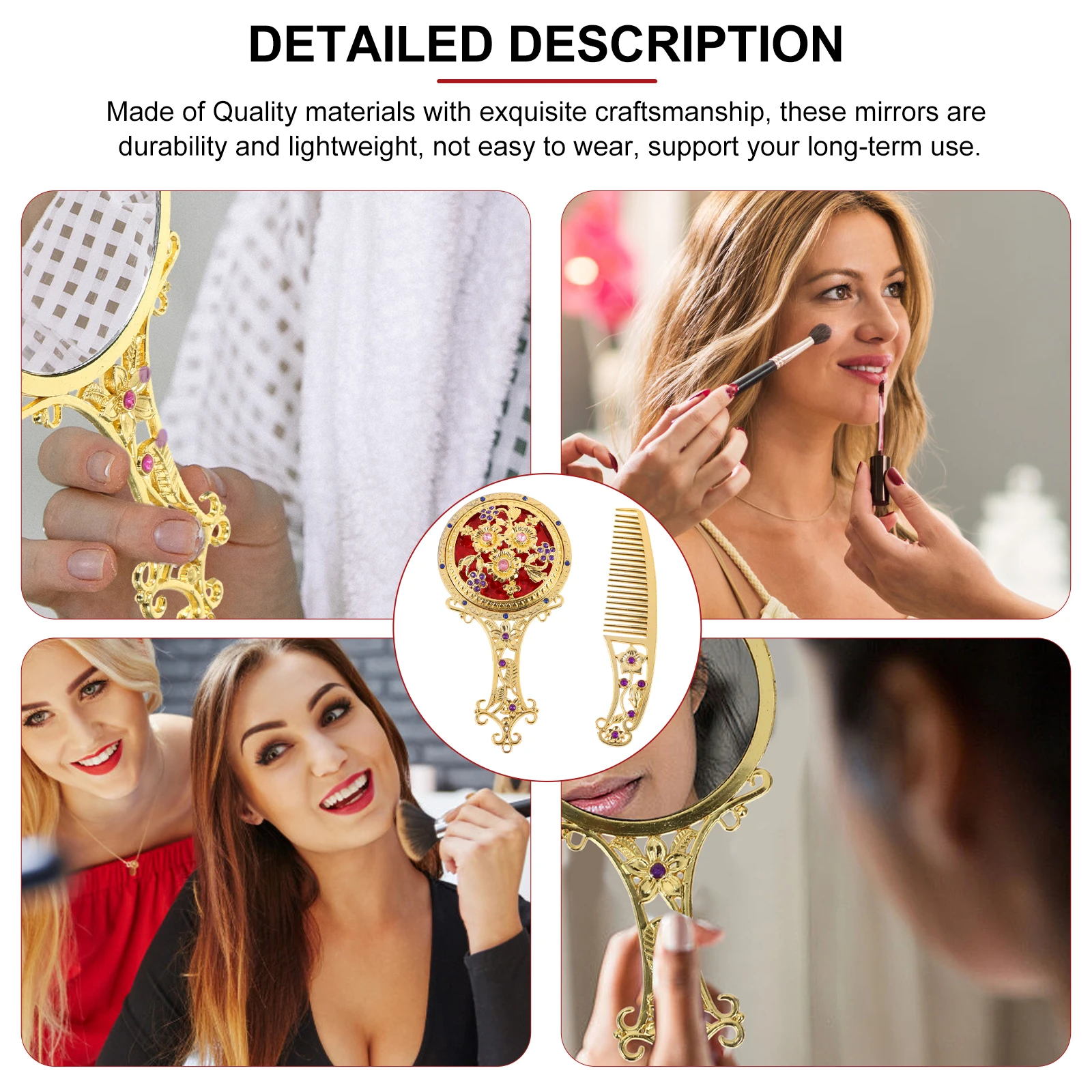 

Retro Handle Mirror Comb Set for Travel Portable Makeup Vanity Foldable Mini Vintage Mirrors Floral Patterns