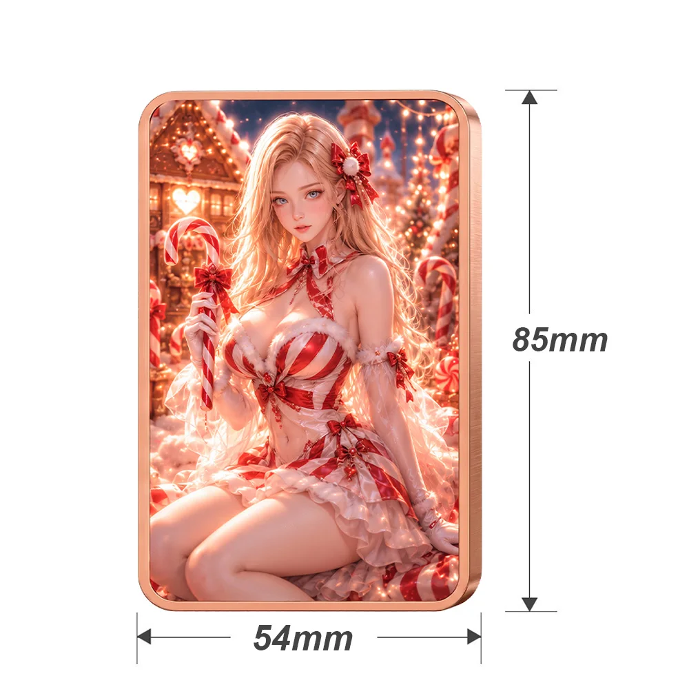 1 oz .999 Fine Copper Bar Candy Cane Christmas Sweetheart Blonde Bow Fur Trim Ruffle Snow Lights 2D Colorized Art Collectible