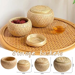 Bamboo Storage Basket Double Layer with Cover Handmade Woven Tea Basket Tabletop Storage Box for Tea Fruit Dried Fruit Snack