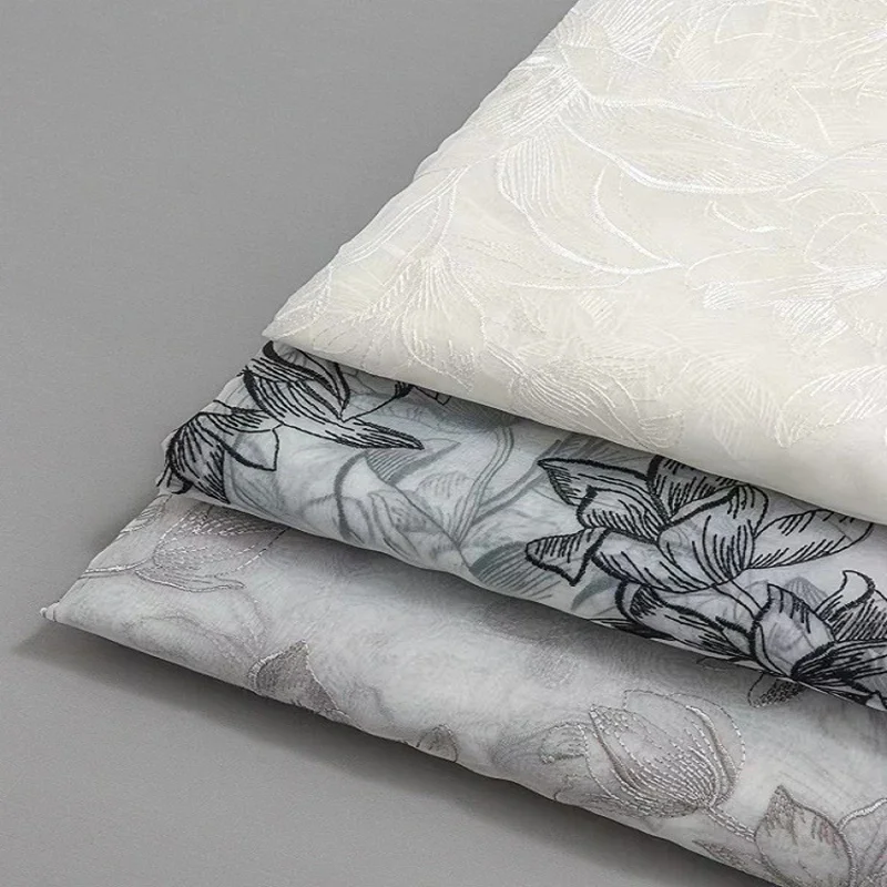 

White lily embroidered chiffon fabric, lace fabric, dress, wedding dress, children's clothing, designer fabric Curtain material