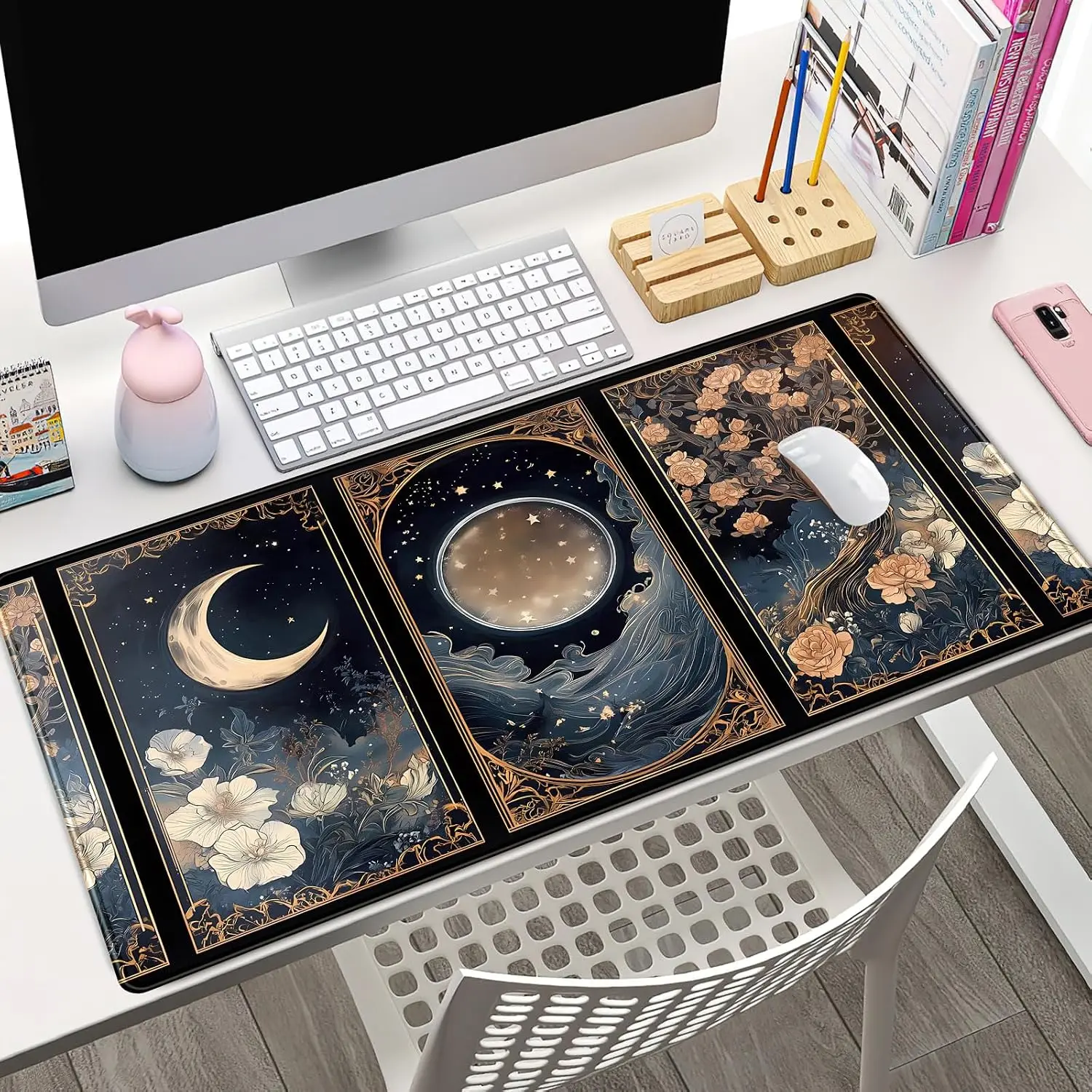 1Pcs Mouse Pads XXL Mouse Pads 900x400mm Celestial Lunar Nature Tarot Card Desk Mat Moon Floral Large Gaming Botanical Desk Pad