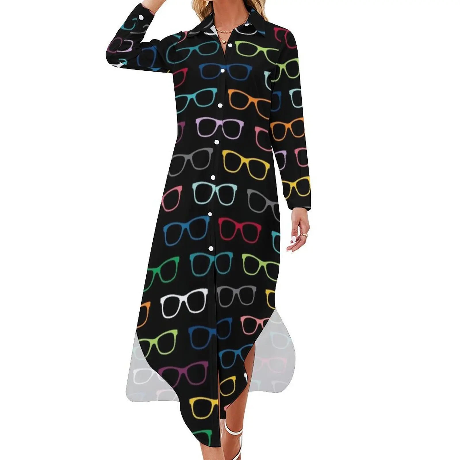 

Colorful Hipster Eyeglasses Pattern Long Sleeved Shirt Dress women's dresses luxury Women's summer dress