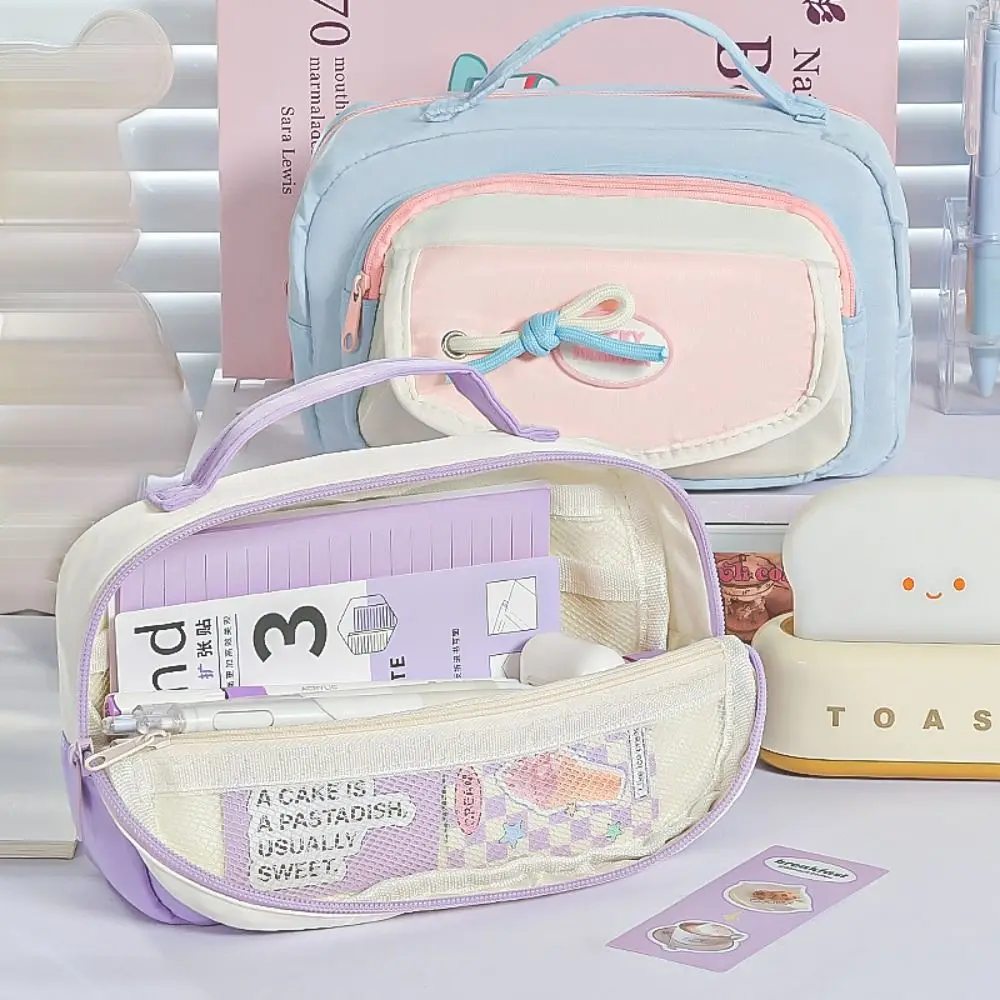 

Cartoon Color-blocking Pencil Case Handheld Large Capacity Pen Bag Multi-layer Stationery Pouch Gift