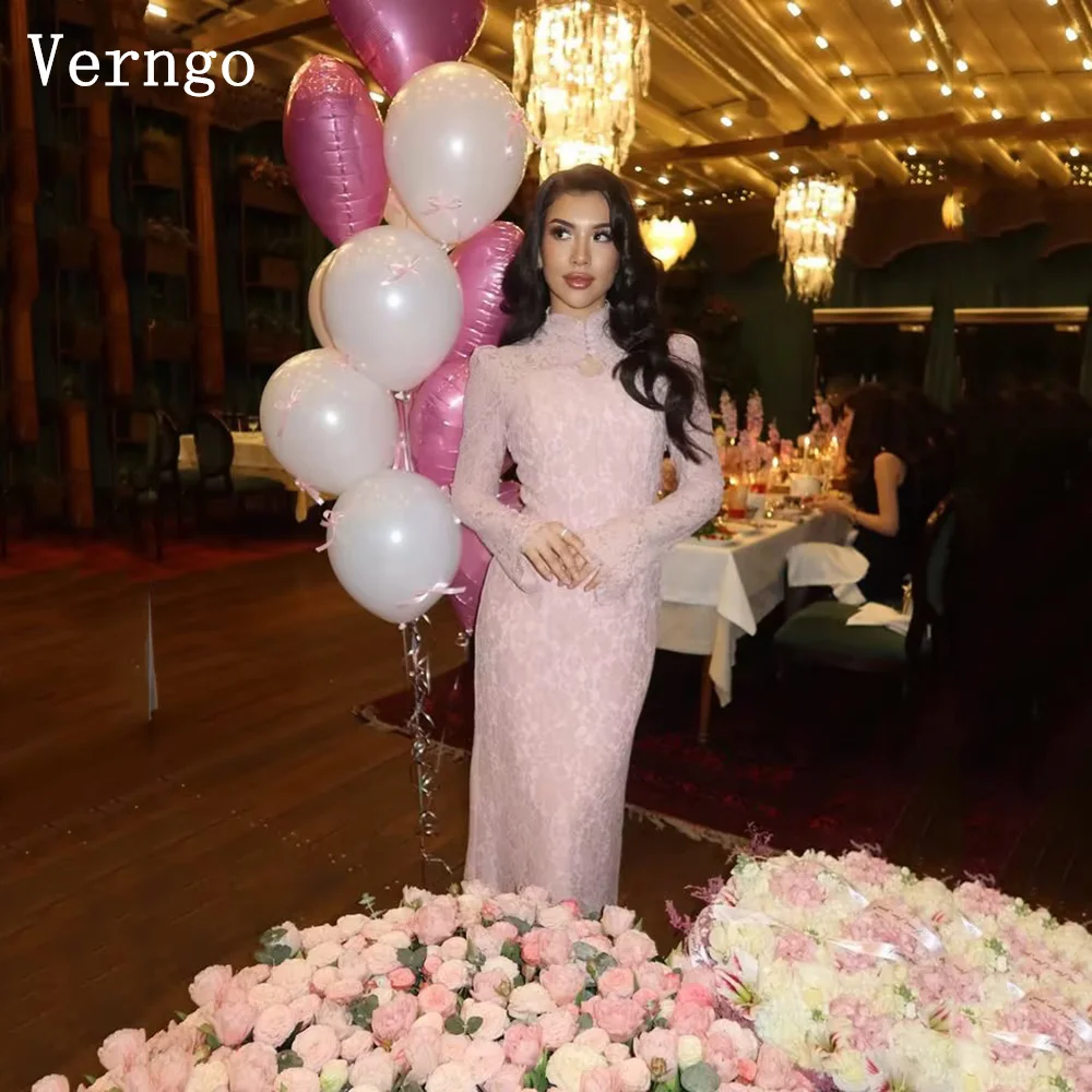 

Verngo Pink Lace Luxury Evening Dress High Neck Full Sleeves Mermaid Formal Occasion Dress Maxi Birthday Party Dress Customized