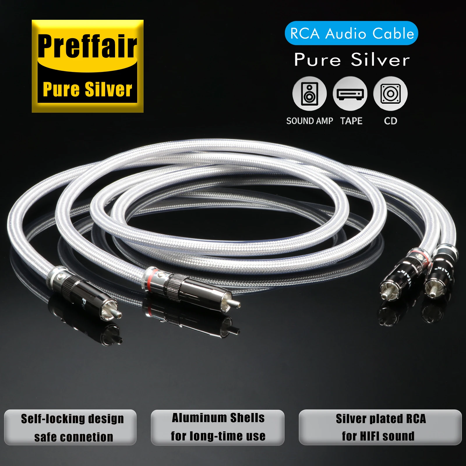 Câble Hifi RCA 4N en argent pur, câble d'interconnexion audio, fil de signal 18AWG, noyau PSS solide, RCA vers RCA mâle, câble audio stéréo pour amplificateur