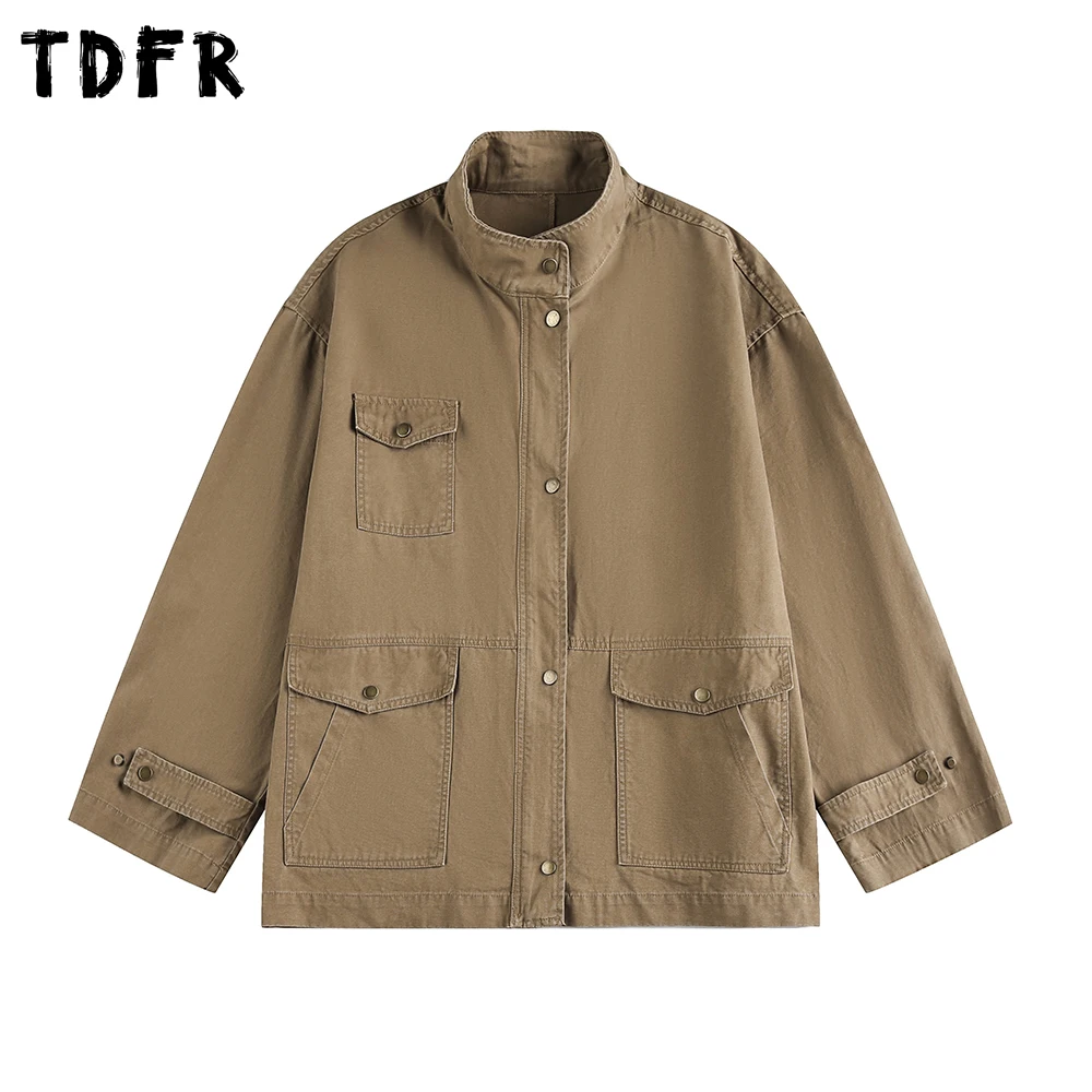 

Multi-Pocket Cargo Jacket Mens Distressed Autumn Retro Casual Loose Long Sleeve Stand Collar Outerwear Man