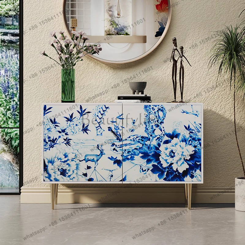 

French-style painted side cabinet, high-grade blue and white simple villa wall art cabinet