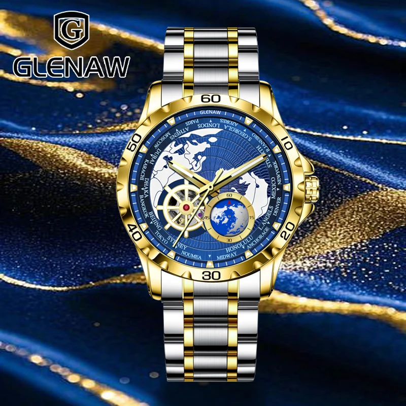 

GLENAW NEW Earth Series Mechanical Watch Men Rotating Earth Dial Night Light Waterproof Stainless steel strip Mechanical Watch