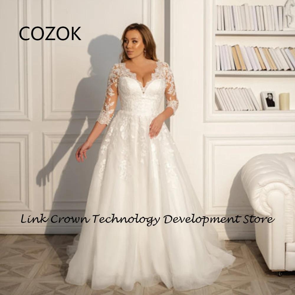 

COZOK Simple Plus Size Wedding Dresses for Women 2024 New Soft Tulle Three Quarter Bridal Gowns with Lace Vestidos De Novia