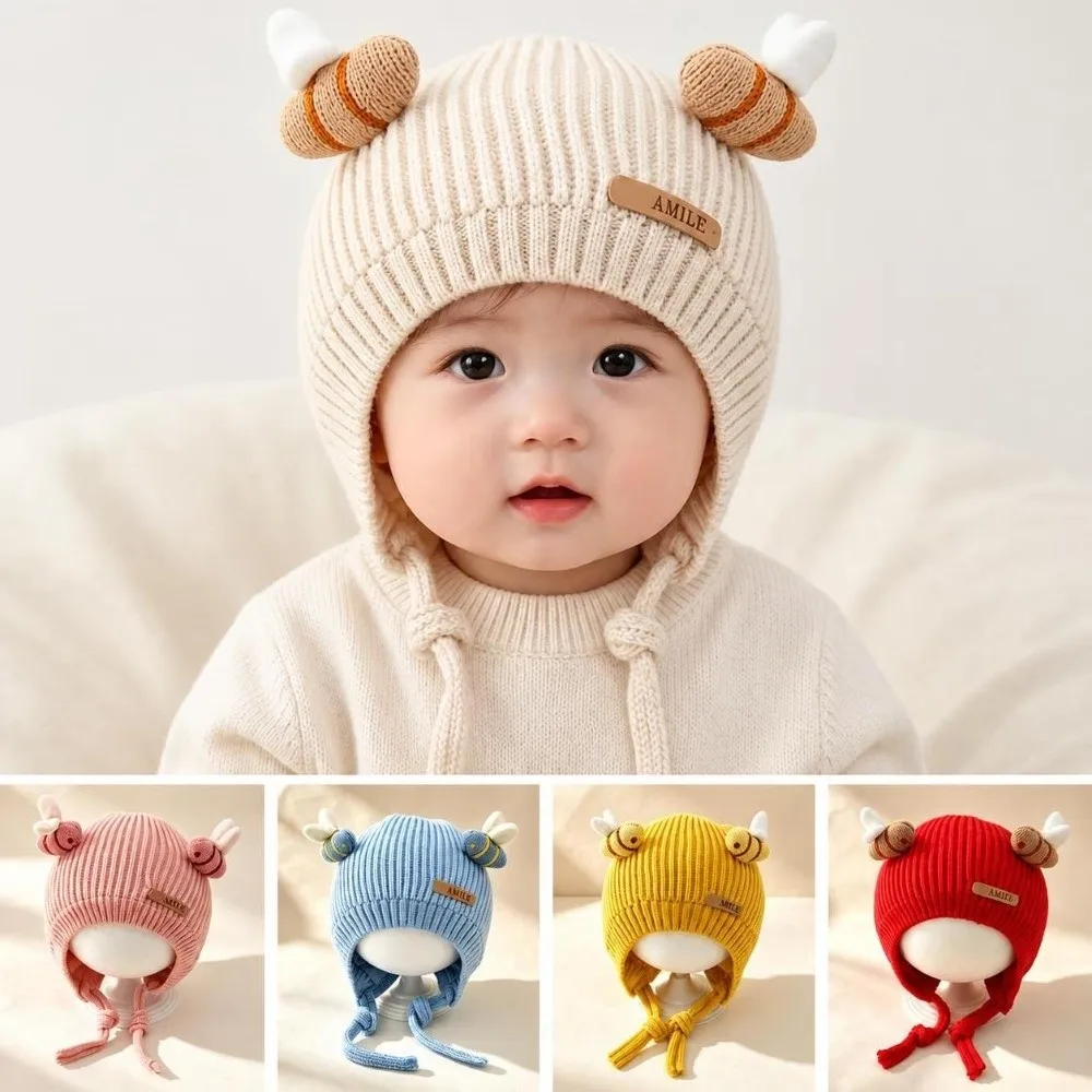 Cozy Touch Bee Pattern Hat Soft Knit Stretchy Infant Cap Thickened Fabric Toddler Hat