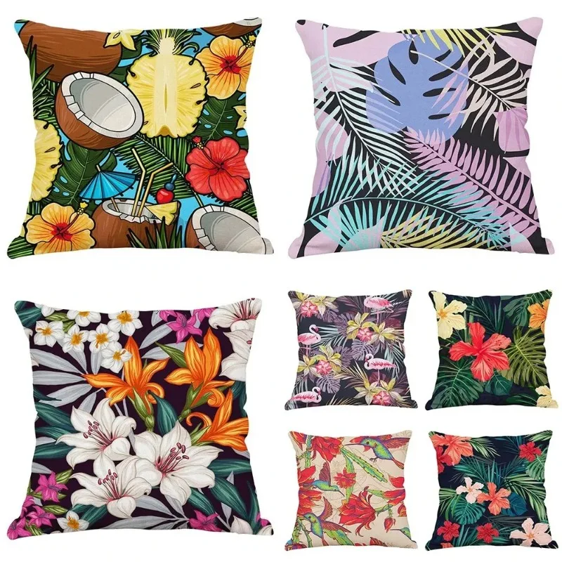 Home Living Room Sofa Bedroom Decorative Waist Pillow Cover Retro Floral Tropical Plant Print Pattern Cushion Cover