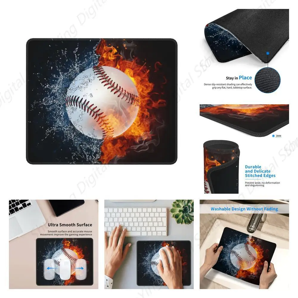 Boy Baseball Game Mouse Pad Cool Fire And Water Print Laptop Rectangular Anti Slip Rubber Base Mouse Pad 8.6 X 7 Inch
