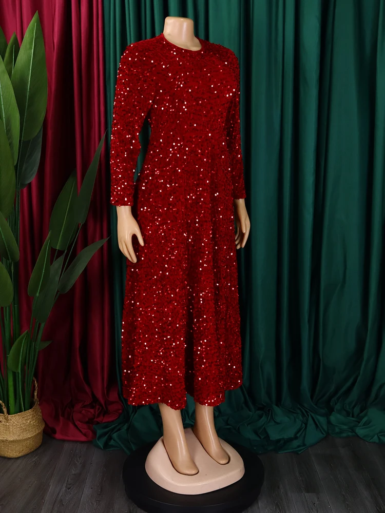 2024 Vintage-Mode Pailletten Frauen Kirche Swing Kleider Lange Hülse O-ansatz Hohe Taille Elegante Glitter Bankett Party Abendkleid – Detail 15