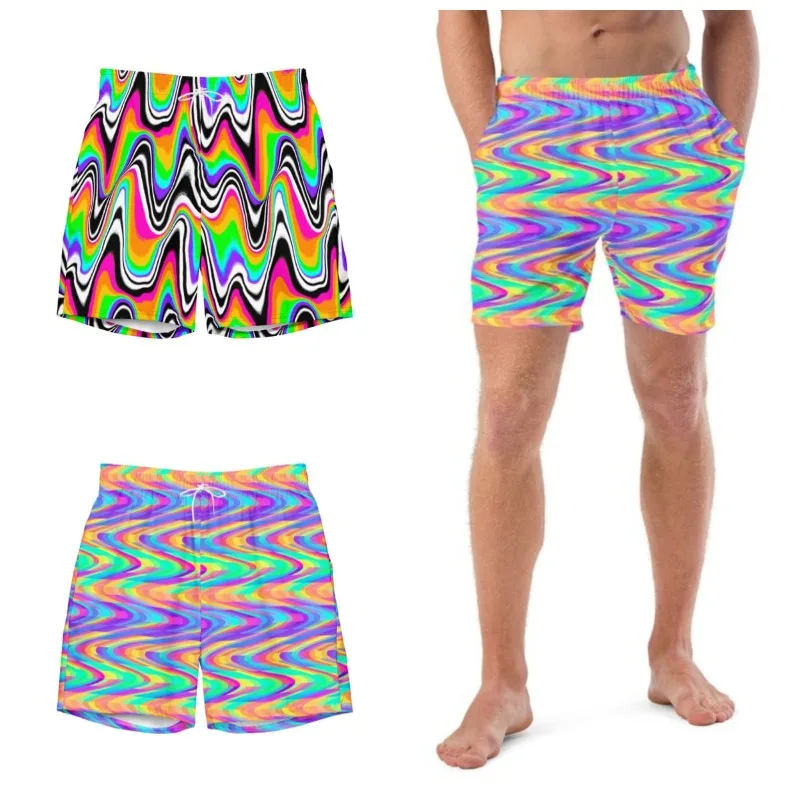 New American Retro Wave Pattern Contrasting Color Full Print Children's Adult Personalized Casual Couple Vacation Beach Shorts