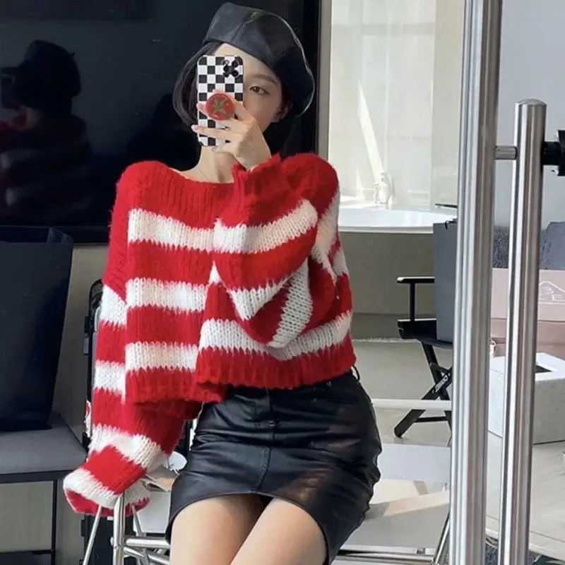 2023 New Spring and Autumn Fashion Round Neck Stripe Printed Lantern Sleeves Loose Relaxed Oversized Ultra Short Knitted Sweater