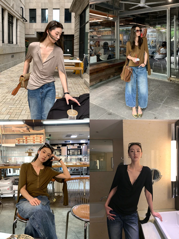 

Gakee Official Pure Color V-Ne T-irt Women's Early Autumn New Design Simple Casual Loose Knitted Top Ci Walk Soft