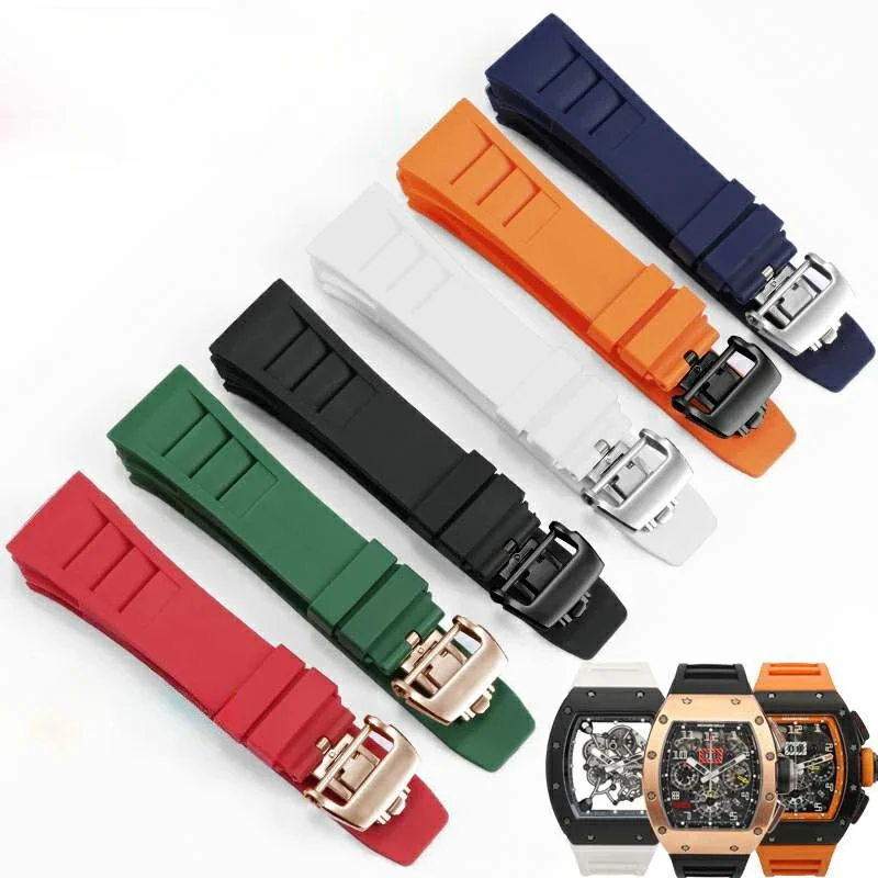 For Richard Mille Rubber Fold Buckle Watchbands RM-11 25mm Convex Interface Soft Multi-Color Breathable Silicone Watch Strap