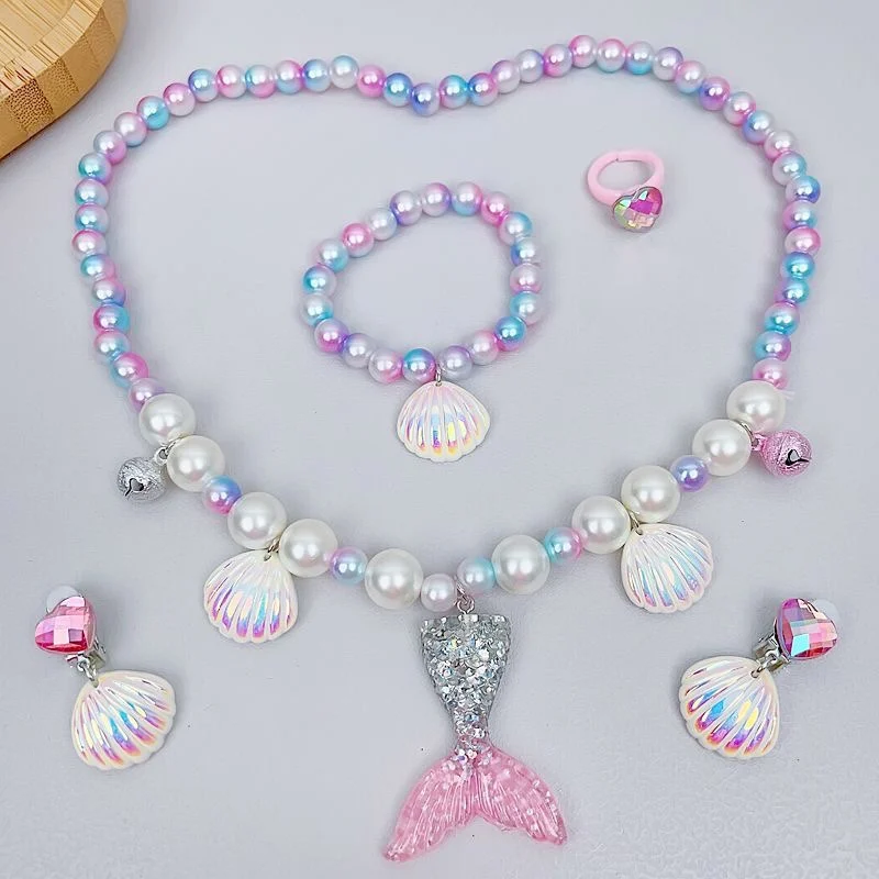 5pcs Girls Jewelry Sets Mermaid Pearl Necklace Bracelet Ring Earring Set Kids Toys Children Princess Fashion Accessories Girl