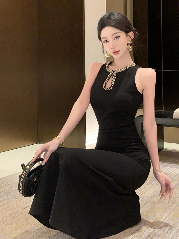 Frauen Kleidung Schwarz Sexy Ärmellose Dünne Kleid Abendkleid Elegante Luxus Dame Party Geburtstag Vestido Lange Robe Casual Sommer