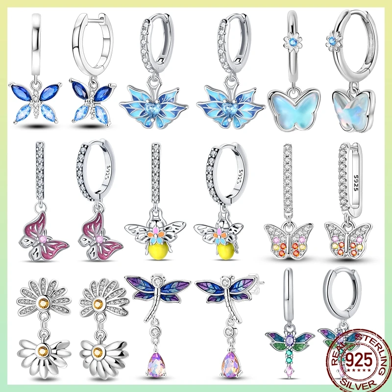 New 925 Sterling Silver Women's Princess Blue Shiny Zircon Butterfly Design Earrings For Party Exquisite Jewelry Gift