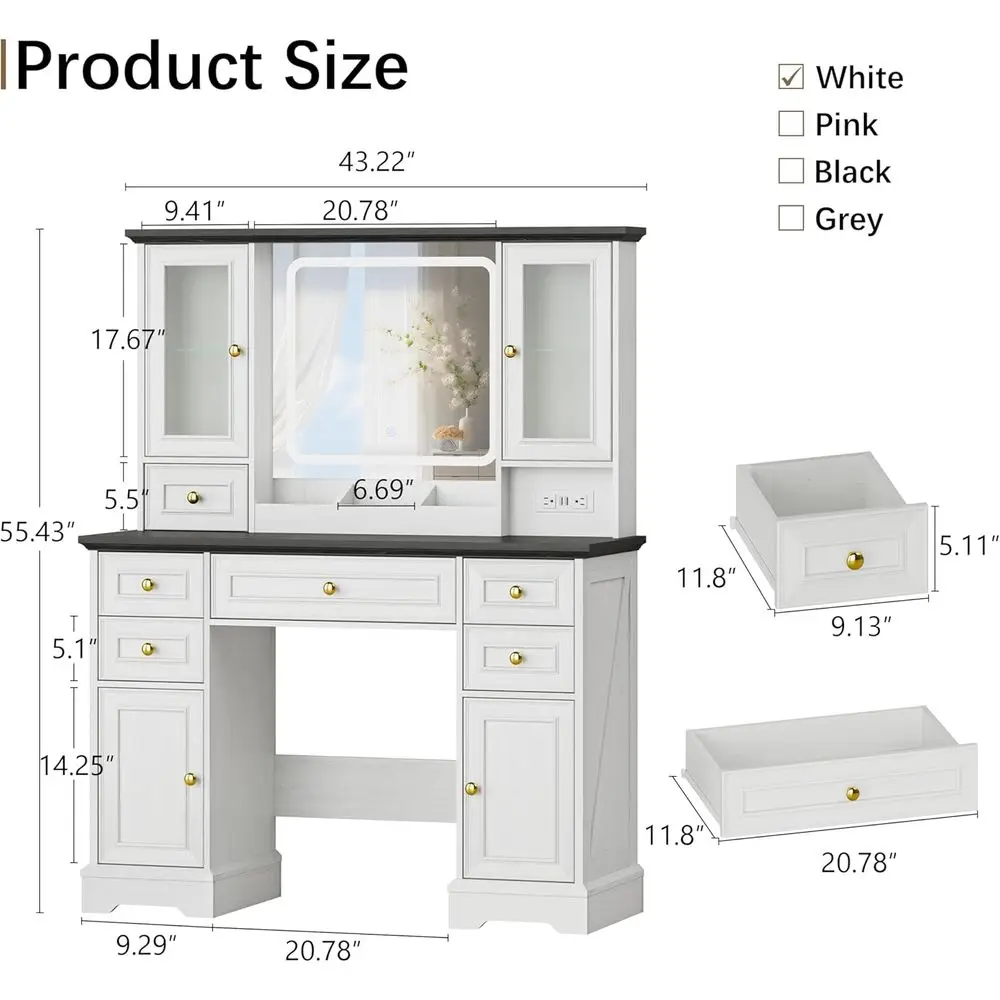 Thacuok armhouse Makeup Vanity with Mirror and Lights, 43''W Dring Table with Storage Ders, Open Shelves & Power Outlet, Vanity