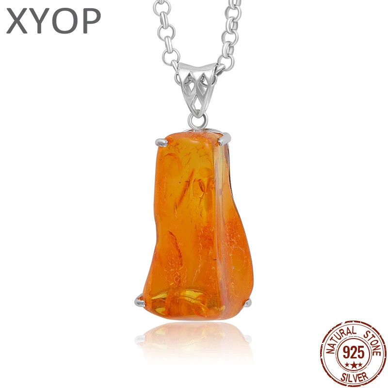 XYOP Natural insect Amber 925 Sterling Silver Pendant lrregular Shape Ambers Pendant Original Stone charms Necklace Lucky Gifts