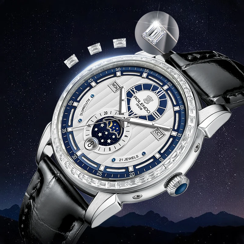 ROLENDO High-end Diamond-set Automatic Watch for Men 43mm Mineral Crystal Luminous Full Calendar Leather Strap 5ATM Luxury Gift