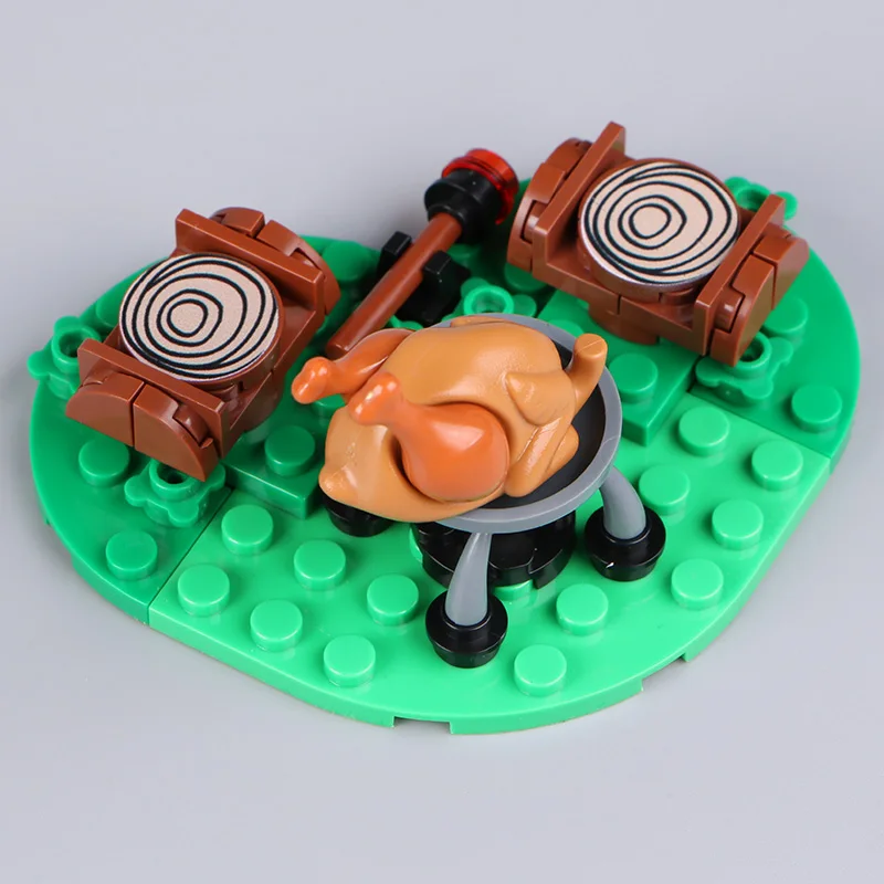 Moc led blocos de construção fogueira chama torrada peru acessórios conjunto pote ferro modelo tijolo diy luz brinquedo presente