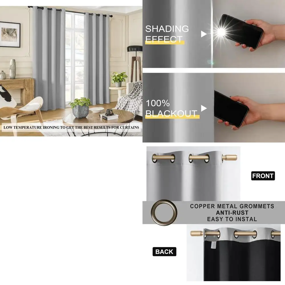 

Gray Thermal Insulated Full Shade 52x108 Inch Curtains for Living Room, 108 Long Drapes with Light Grey Panels