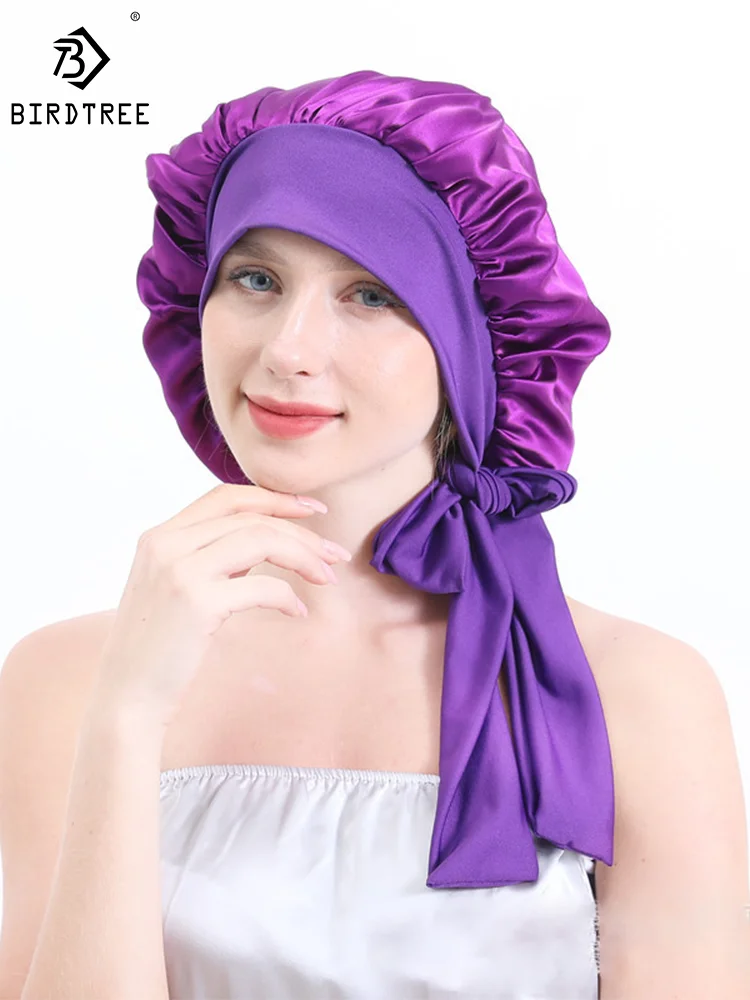 Birdtree 100% Silk Bonnet Cap Night Bow Knot Round Cap Ladies Hair Care Cap Wide Stretchy Band Hair Wrap Spring A41222QM