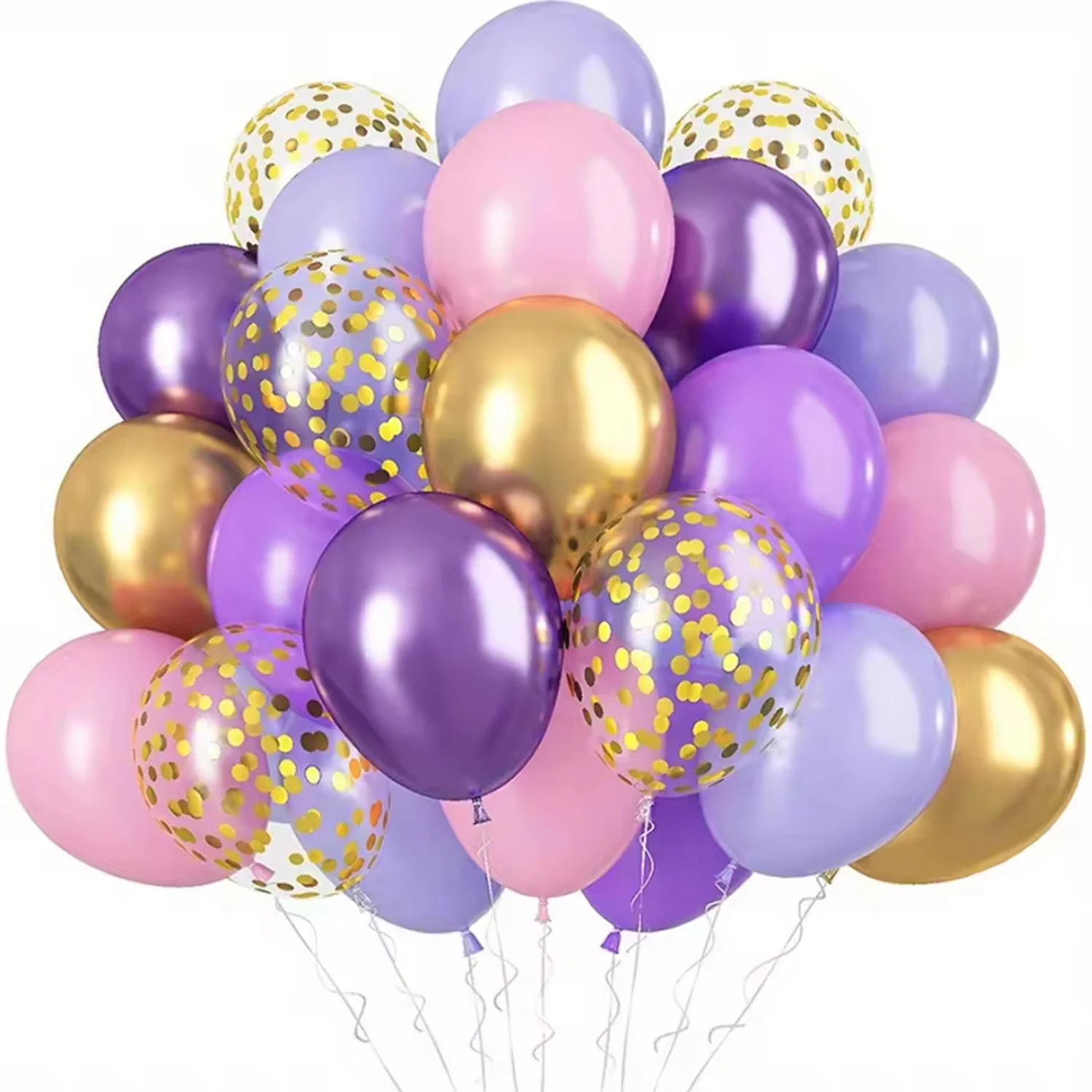 Juego de 46 pelotas suaves de color morado y rosa "estilo cuento de hadas", juego de globos de látex con restos de papel de color dorado y metálico de 10/12 pulgadas