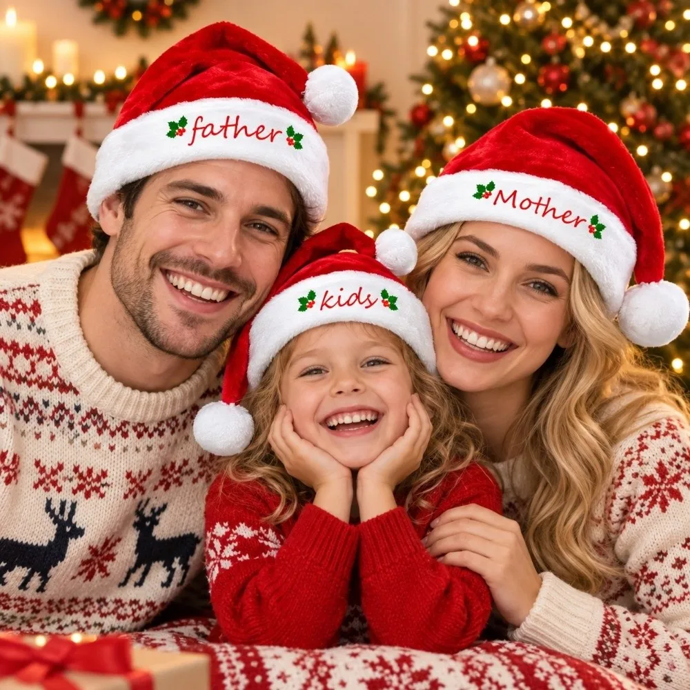 Mother Father Family Matching Santa Hat Thick Embroidered Family Xmas Decor Hat Soft Fluffy Parent-Unisex Santa Hat Home Decor
