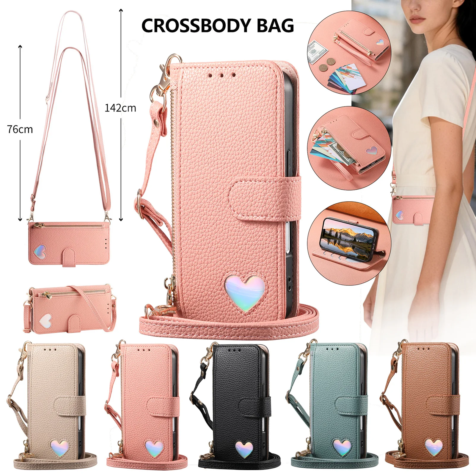 Étui bandoulière pour Samsung S26 Ultra avec fermeture éclair et rabat en forme de cœur, étui en cuir fait main A56, étui de téléphone A17