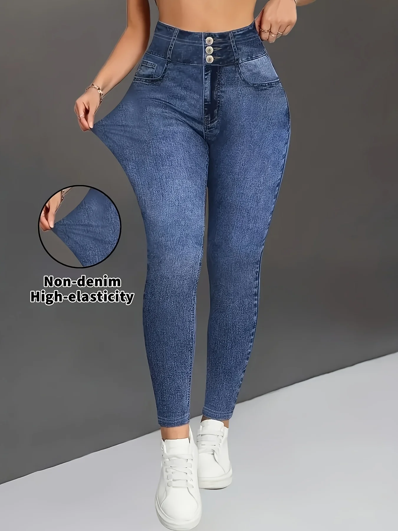

Women High Waist Fake Denim Printed Skinny Pants, High Elastic Non-Denim Fabric, Butt Lifting Slim Fit Yoga Casual Long Trousers