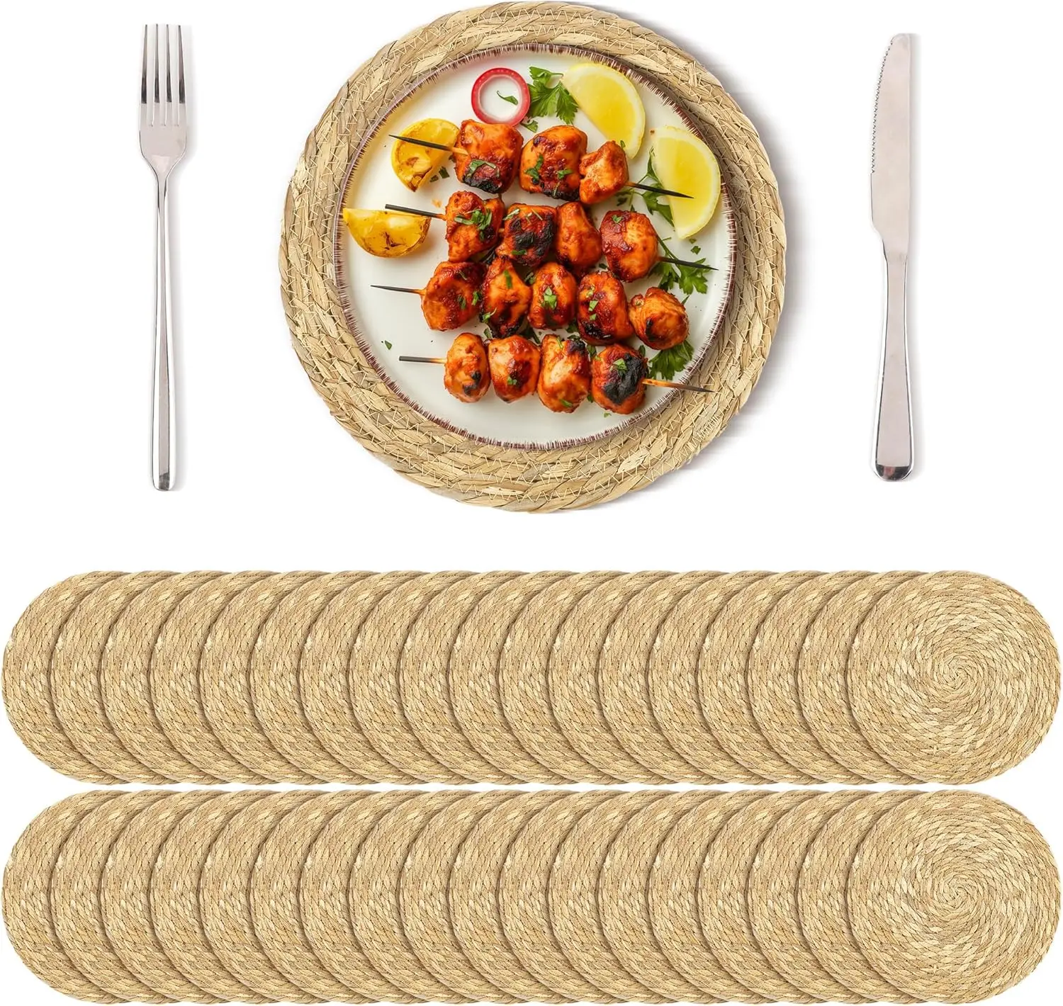 

36 Round Woven Placemats 12 Inch Natural Handwoven Bulrush Table Mats for Dining