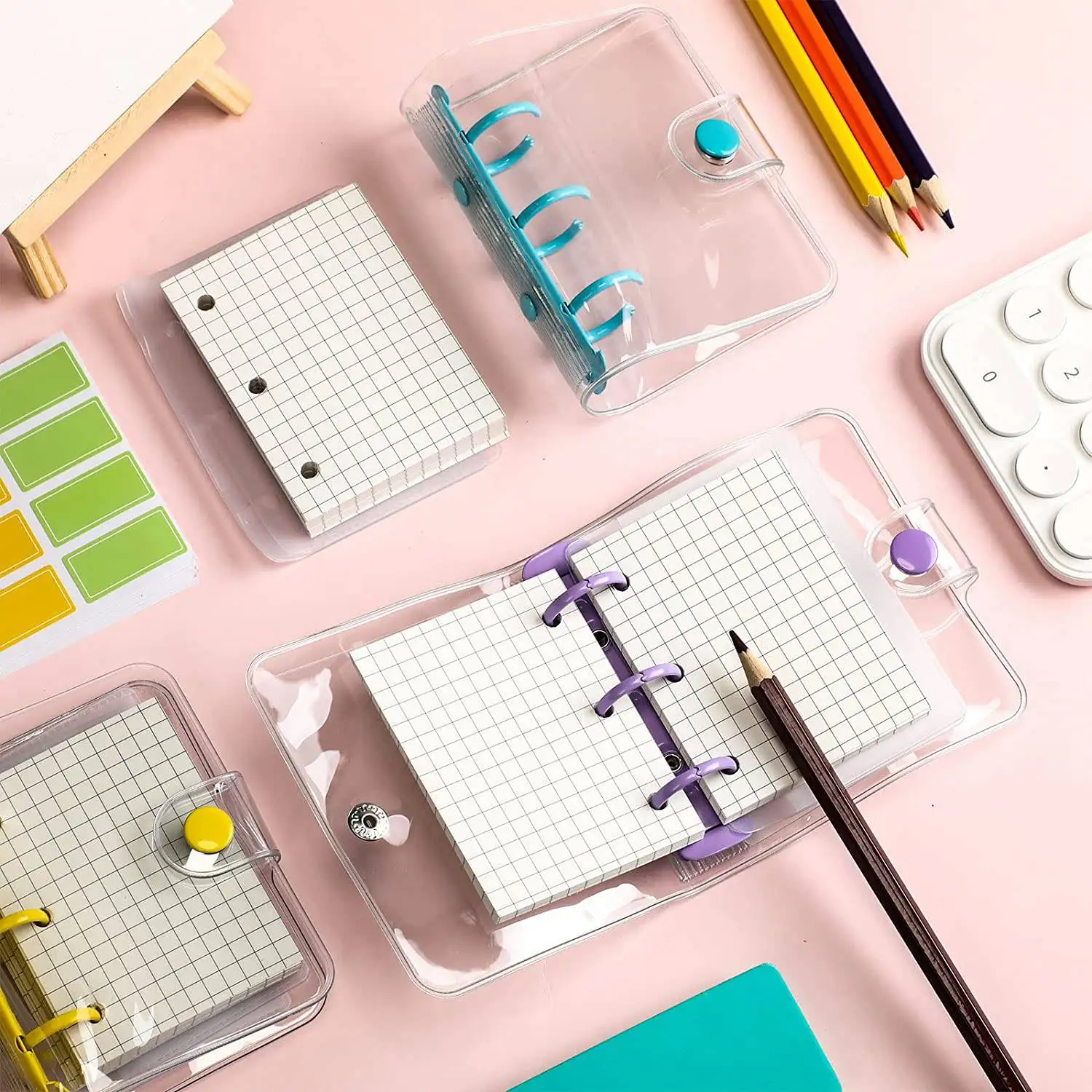 5 Pack Mini Transparent 3 Ring Binder Covers with Binder Inner Papers Storage Bags Label Sticker Binder Pockets-A12I