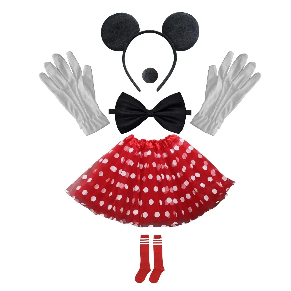 6pcs Mouse Ears Headband Girls Nose Headpiece Skirt Socks Bow Tie Headwear Halloween Costume Birthday Dress Up Accessories