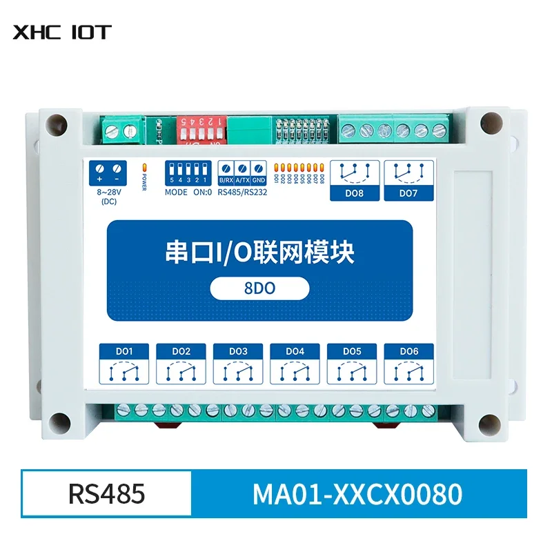 

8DO ModBus RTU серийный модуль ввода-вывода RS485 Интерфейс 8 Каналы 8 ~ 28V DC направляющая Установка XHCIOT MA01-XXCX0080