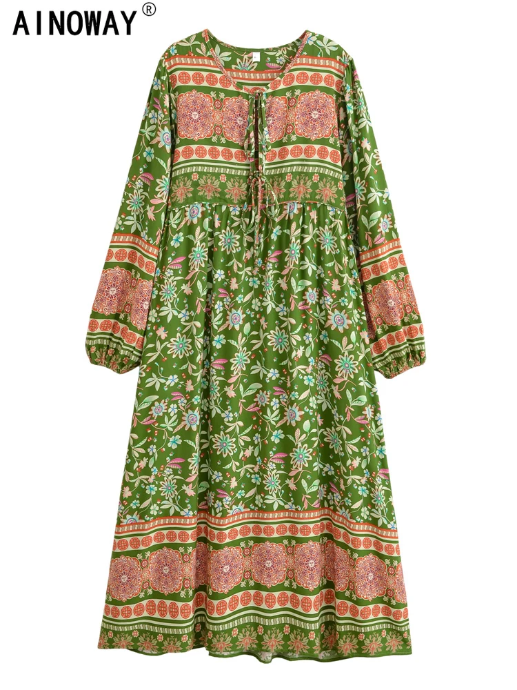 Boho Vintage Women Long Sleeve Green Sun Floral Print Beach Bohemian Maxi  Dress Ladies Tie Neck Rayon Summer Dresses Robe