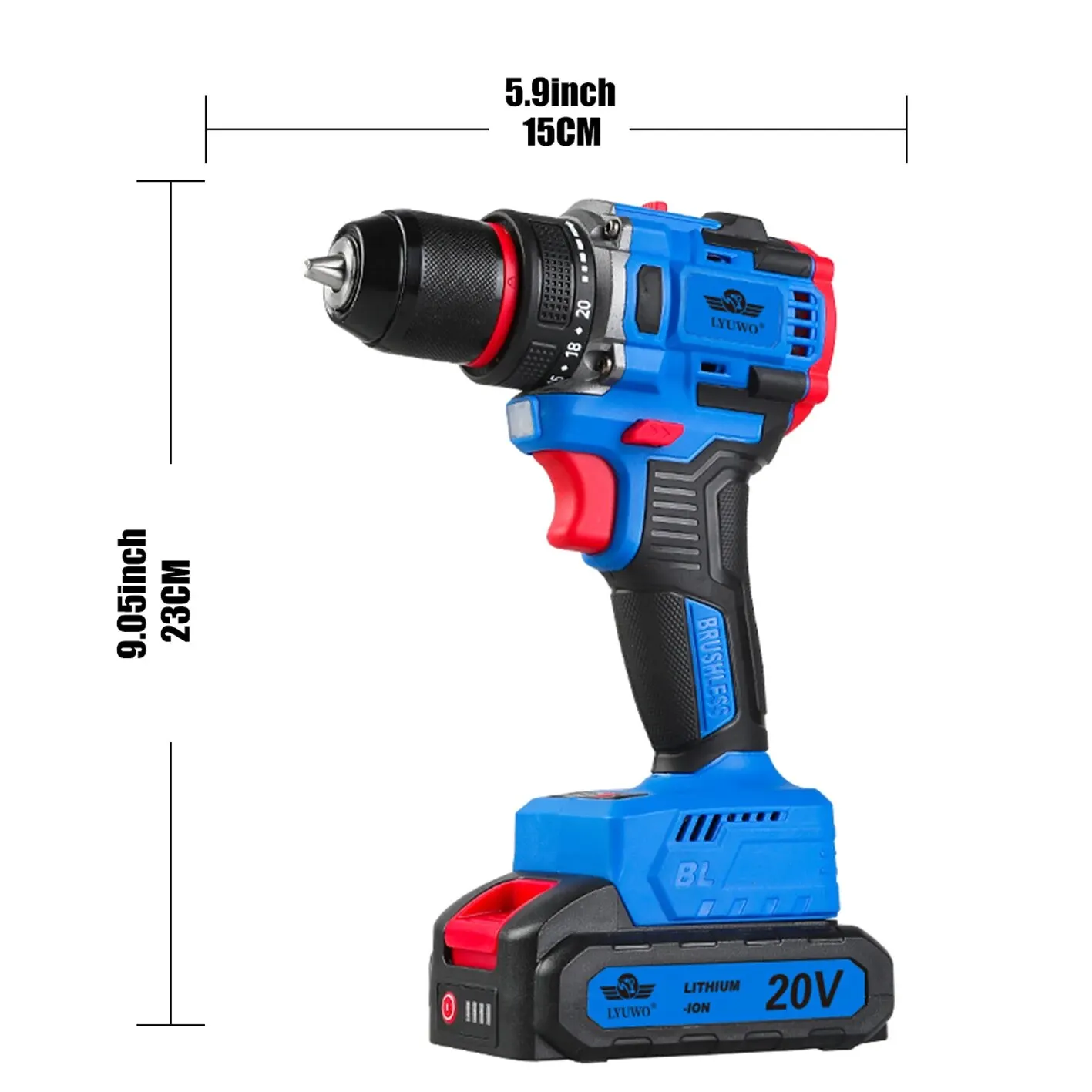 LYUWO 20V Brushless Electric Drill Wireless Battery Driven Mini Drill Bit 20 1 Torque Setting Two-stage Electric Tool 70N.m