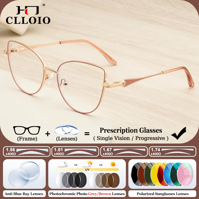 

CLLOIO Blue Light Blocking Progressive Prescription Glasses Women Fashion Cat Eye Myopia Eyeware Photochromic Outdoor Eyeglasses