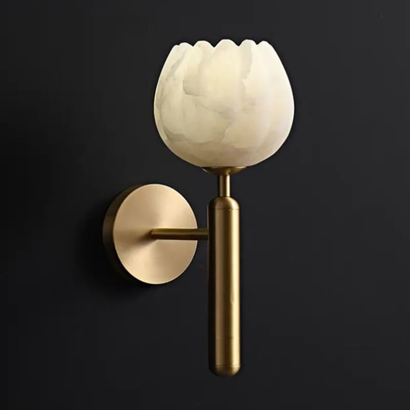 Modern Chinese Style Bedroom Bedside Flower Bud Marble Wall Lamp Luxury Living Room Background Porch Led Copper Lighting