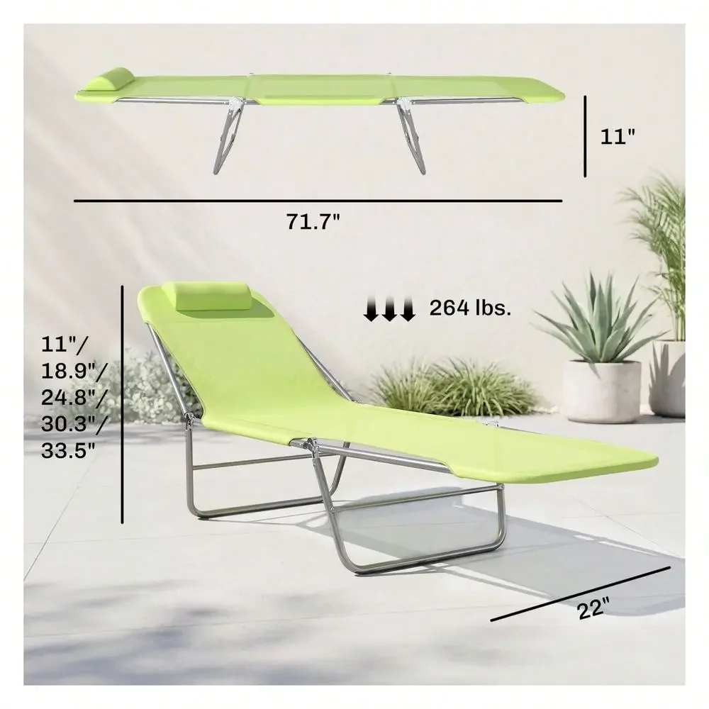 Chaise Lounge Chair, Outdoor Sun Tanning Chair With Pillow, Reclining Beach Chair, Steel Frame Breathable Mesh, Patio Yard, Gre