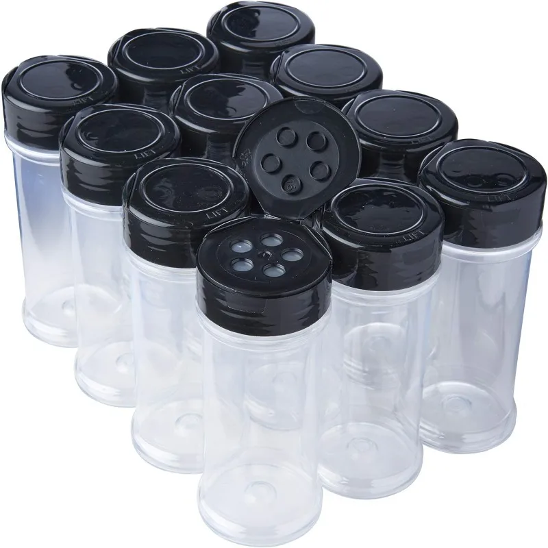 

12 Pack of 6 Oz. Empty Clear Plastic Spice Bottles with Black Top Lids For Storing and Dispensing Salt, Sweeteners and Spices -