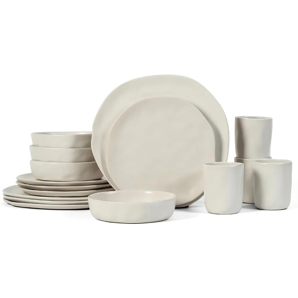 

HEKONDA Modern Stoneware 16-Piece Dinnerware Set, Plate and Bowl Set, Dish Set for 4, Beige