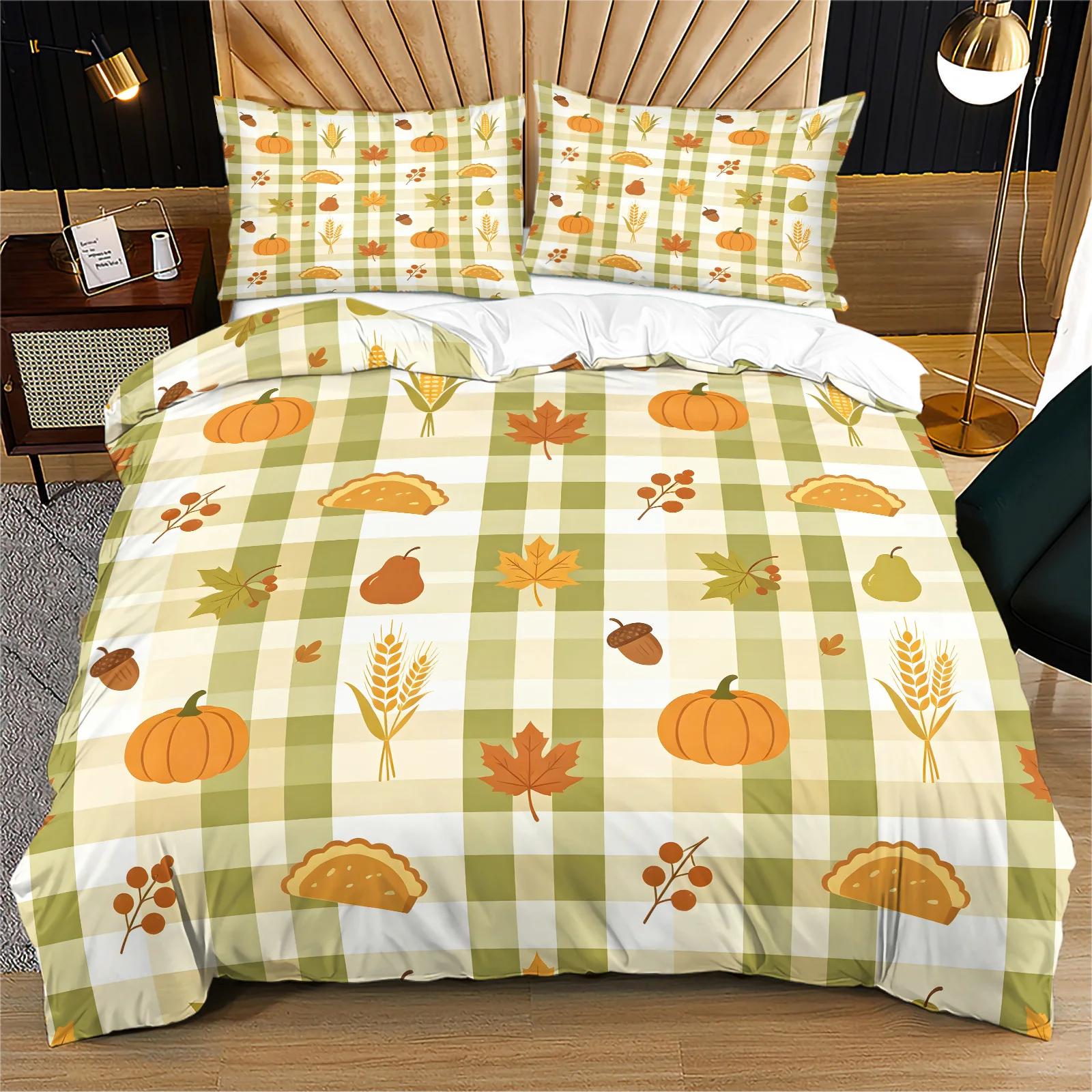 Vintage Thanksgiving Fall Farmhouse Style Duvet Cover Set Green Gingham Plaid Pumpkin Maple Leaf Harvest Bedding Set Quilt Cover