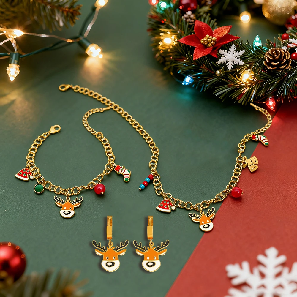 

Freetry New Trendy Stainless Steel Elk Christmas Hat Socks Pendant Necklace Bracelet Earring Women Christmas Jewelry Set Gift