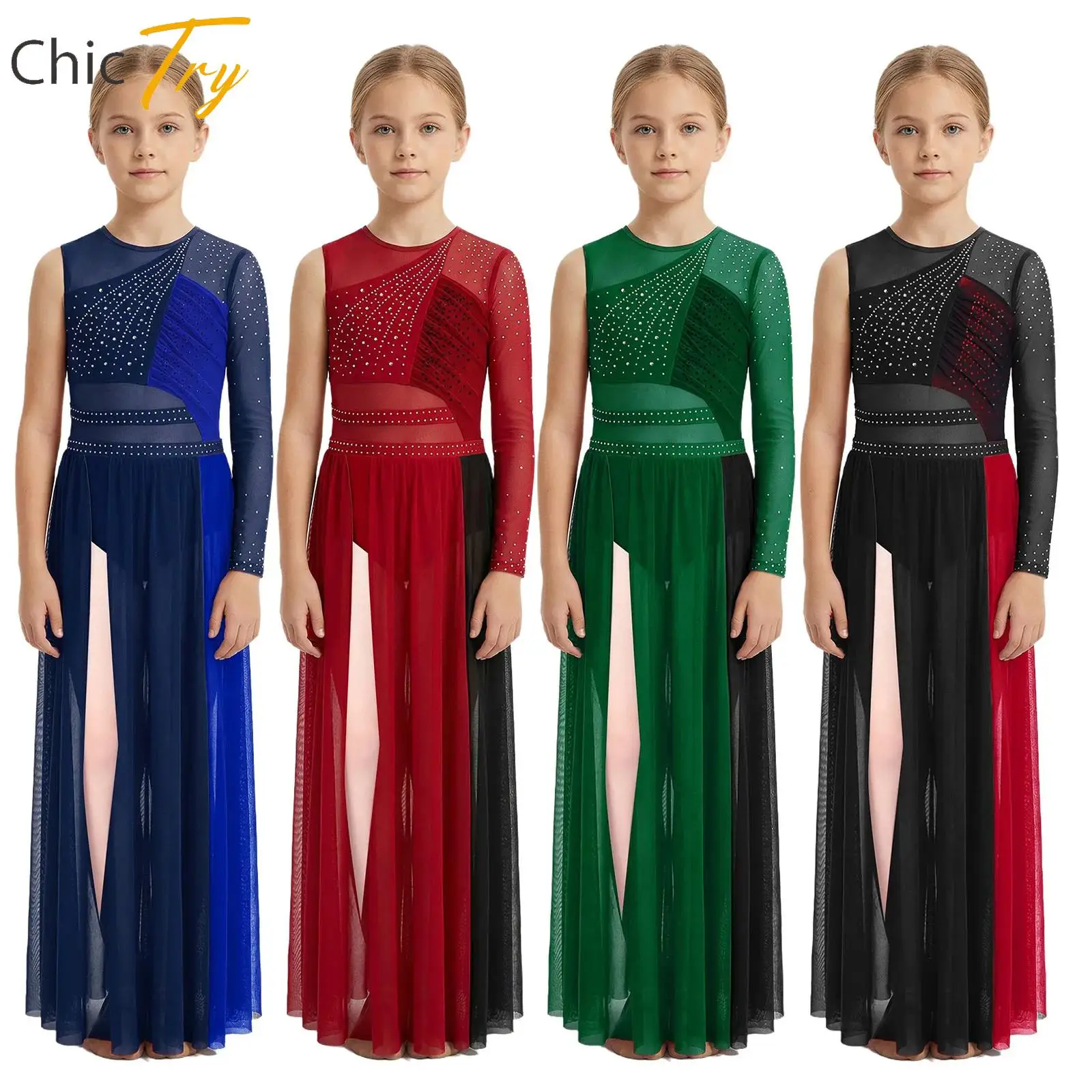 

Детский лирический современный танцевальный костюм для девочек, платье для выступлений, сетчатое длинное платье макси со стразами на одно плечо, танцевальная одежда