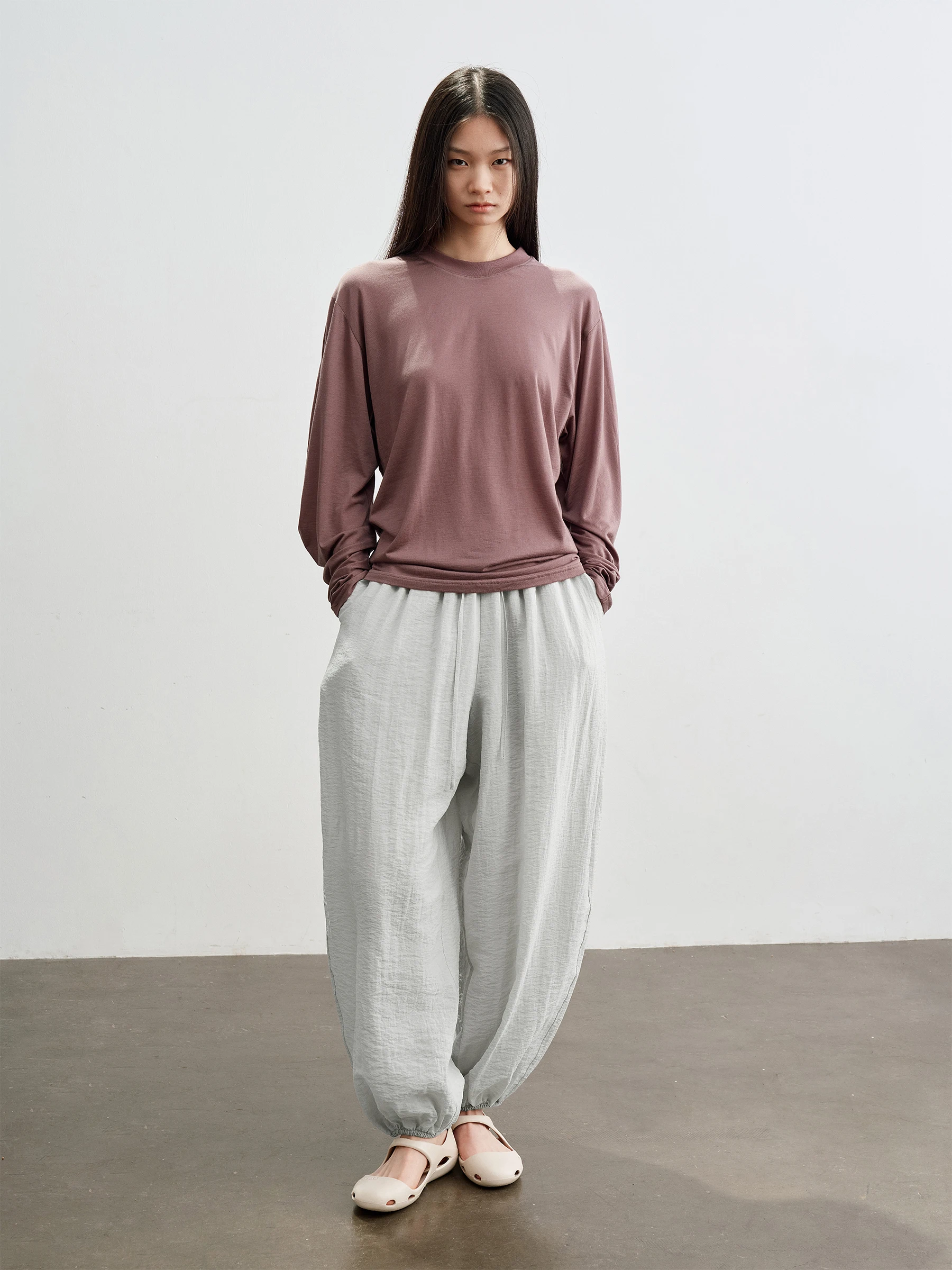 

SHKUCO Comfortable Soft Wool Blend Drapey Knife Sleeve Base Shirt T-Shirt Top Casual Loose Fit Long Sleeve round Neck