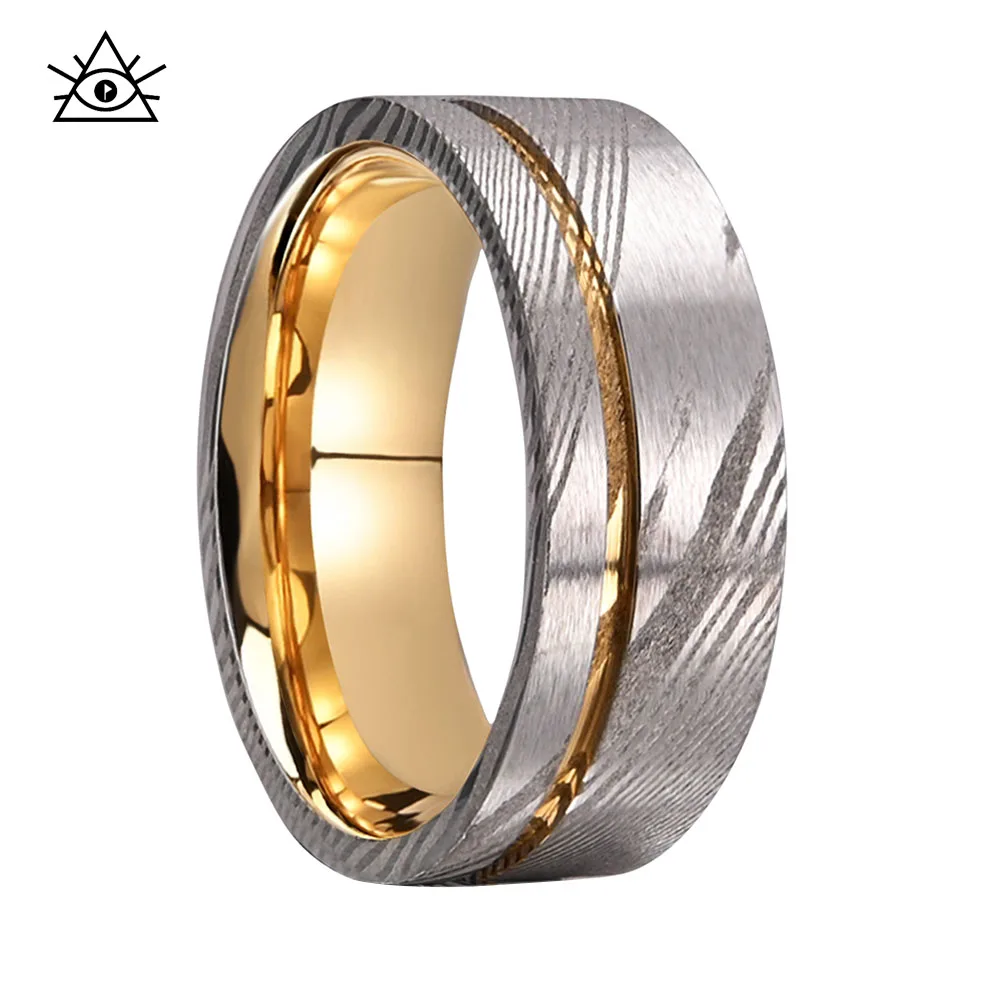 

Wood Grain Damascus Steel Grooved Ring Two Tone Fashion Men's Tungsten Steel Wedding Ring Jewelry Gift